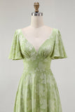 Groene Bloemen A Line Bruidsmeisjesjurk met Korte Mouwen