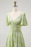 Groene Bloemen A Line Bruidsmeisjesjurk met Korte Mouwen