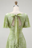 Groene Bloemen A Line Bruidsmeisjesjurk met Korte Mouwen