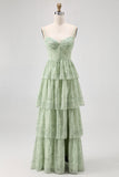 Stoffige Salie A Line Korset Gelaagde Chiffon Lange Bruidsmeisjesjurk met Split