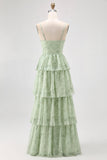Stoffige Salie A Line Korset Gelaagde Chiffon Lange Bruidsmeisjesjurk met Split