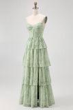 Stoffige Salie A Line Korset Gelaagde Chiffon Lange Bruidsmeisjesjurk met Split