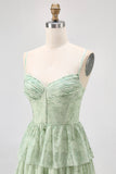 Stoffige Salie A Line Korset Gelaagde Chiffon Lange Bruidsmeisjesjurk met Split