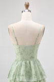 Stoffige Salie A Line Korset Gelaagde Chiffon Lange Bruidsmeisjesjurk met Split