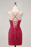 Sprankelende pailletten Fuchsia Spaghettibandjes Korte Strakke Homecoming Jurk