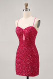 Sprankelende pailletten Fuchsia Spaghettibandjes Korte Strakke Homecoming Jurk
