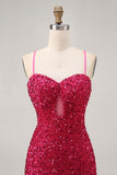 Sprankelende pailletten Fuchsia Spaghettibandjes Korte Strakke Homecoming Jurk