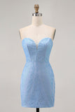 Blauwe Bodycon Strapless Beaded Korte Homecoming Jurk