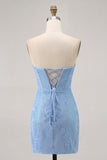 Blauwe Bodycon Strapless Beaded Korte Homecoming Jurk