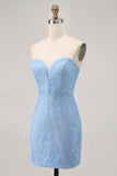 Blauwe Bodycon Strapless Beaded Korte Homecoming Jurk