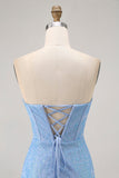 Blauwe Bodycon Strapless Beaded Korte Homecoming Jurk