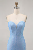 Blauwe Bodycon Strapless Beaded Korte Homecoming Jurk