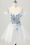 Wit Blauwe Bloem A-lijn Off The Shoulder Korset Korte Homecoming Jurk