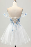 Wit Blauwe Bloem A-lijn Off The Shoulder Korset Korte Homecoming Jurk