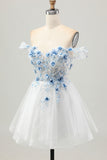 Wit Blauwe Bloem A-lijn Off The Shoulder Korset Korte Homecoming Jurk