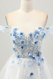 Wit Blauwe Bloem A-lijn Off The Shoulder Korset Korte Homecoming Jurk