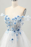 Wit Blauwe Bloem A-lijn Off The Shoulder Korset Korte Homecoming Jurk