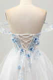 Wit Blauwe Bloem A-lijn Off The Shoulder Korset Korte Homecoming Jurk