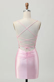 Blush Roze Bodycon Spaghettibandjes Korte Homecoming Jurk met Vetersluiting Op De Rug
