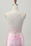 Blush Roze Bodycon Spaghettibandjes Korte Homecoming Jurk met Vetersluiting Op De Rug