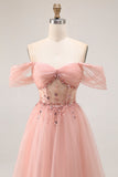 Blush Off The Shoulder Kralen A Line Tule Lange Galajurk