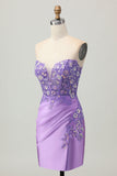 Sprankelende paarse bodycon strapless korset met ruches pailletten korte homecoming-jurk