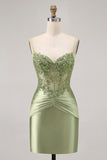 Groene Strapless Korset Pailletten Bodycon Korte Homecoming Jurk met Appliques