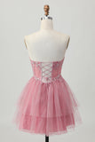 Dusty Rose A-lijn strapless gelaagde tule korte homecoming-jurk met kralen