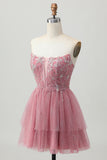 Dusty Rose A-lijn strapless gelaagde tule korte homecoming-jurk met kralen