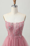 Dusty Rose A-lijn strapless gelaagde tule korte homecoming-jurk met kralen