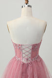 Dusty Rose A-lijn strapless gelaagde tule korte homecoming-jurk met kralen