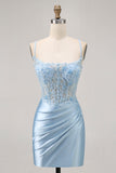 Blauwe Bodycon pailletten korset kralen Homecoming jurk met applicaties
