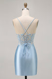 Blauwe Bodycon pailletten korset kralen Homecoming jurk met applicaties