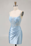 Blauwe Bodycon pailletten korset kralen Homecoming jurk met applicaties