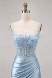 Blauwe Bodycon pailletten korset kralen Homecoming jurk met applicaties