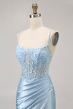 Blauwe Bodycon pailletten korset kralen Homecoming jurk met applicaties
