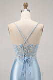 Blauwe Bodycon pailletten korset kralen Homecoming jurk met applicaties