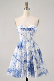 Wit Blauwe Bloem A Line Strapless Korset Korte Homecoming Jurk
