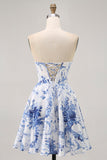 Wit Blauwe Bloem A Line Strapless Korset Korte Homecoming Jurk