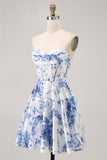 Wit Blauwe Bloem A Line Strapless Korset Korte Homecoming Jurk