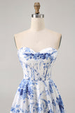 Wit Blauwe Bloem A Line Strapless Korset Korte Homecoming Jurk