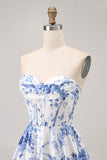 Wit Blauwe Bloem A Line Strapless Korset Korte Homecoming Jurk