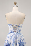 Wit Blauwe Bloem A Line Strapless Korset Korte Homecoming Jurk