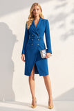 Inktblauwe inkeping revers Double Breasted Blazer jurk met riem