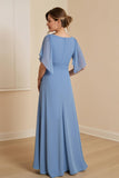 Een lijn, stoffig blauw v-hals chiffon lange koorjurk met korte mouwen