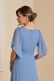 Een lijn, stoffig blauw v-hals chiffon lange koorjurk met korte mouwen