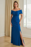 Off-the-shoulder blauwe schede lange koorjurk met split