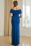 Off-the-shoulder blauwe schede lange koorjurk met split