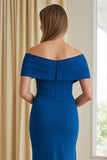 Off-the-shoulder blauwe schede lange koorjurk met split
