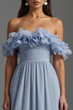 Hemelsblauwe ruches van de schouder chiffon formele jurk met ruches